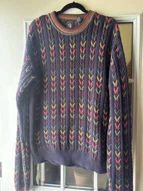 Vintage-Inspired Cable Crewneck Sweater - Purple with Pink & Yellow Accents